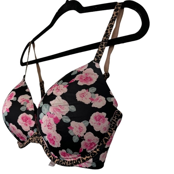 VICTORIA'S SECRET PUSH UP Black Pink Floral Leopard Print Underwire Bra 34DD - Picture 9 of 16